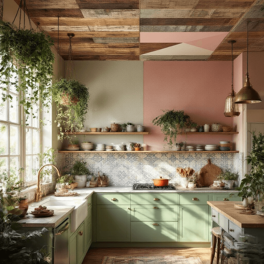 Why Your Kitchen Ceiling Decor Could Be the Game-Changer Your Space Desperately Needs Photorealistic eclectic kitchen interior featuring a mixed-material ceiling of reclaimed wood and painted geometric sections in sage green and blush pink, with colorful lower cabinets, patterned tile backsplash, and brass fixtures, illuminated by soft morning light.