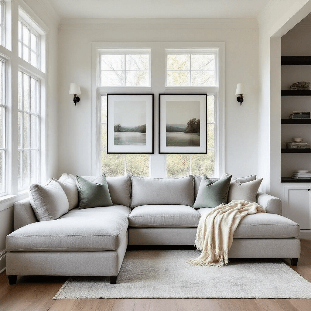 How Minimalist Color Palettes Transform Your Home Into a Serene Sanctuary Wide-angle interior shot of an elegant minimalist living room with white walls, natural light, a light gray sectional sofa, sage green pillow, cream cashmere blanket, black framed gallery wall, and natural oak flooring.