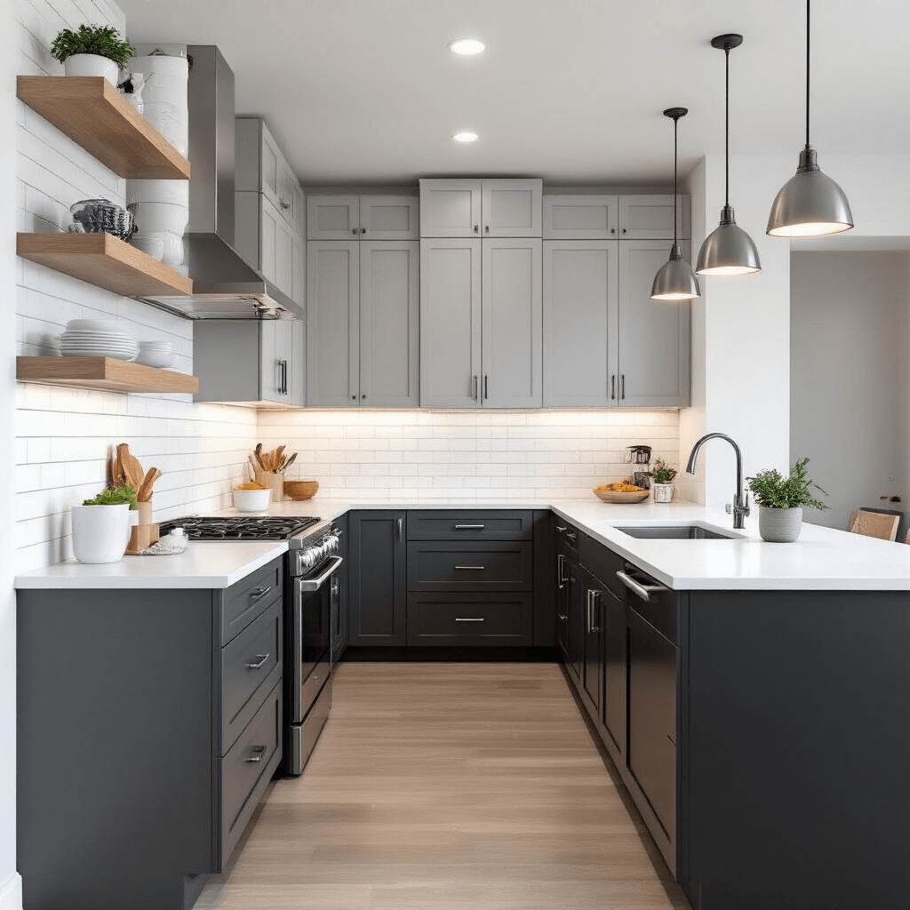 How Minimalist Color Palettes Transform Your Home Into a Serene Sanctuary A modern galley kitchen featuring a monochrome minimalist design, showcasing light pearl gray cabinets, a charcoal island, pure white quartz countertops, and a subway tile backsplash, complemented by stainless steel appliances and natural wood floating shelves, illuminated by pendant lights and under-cabinet LEDs.