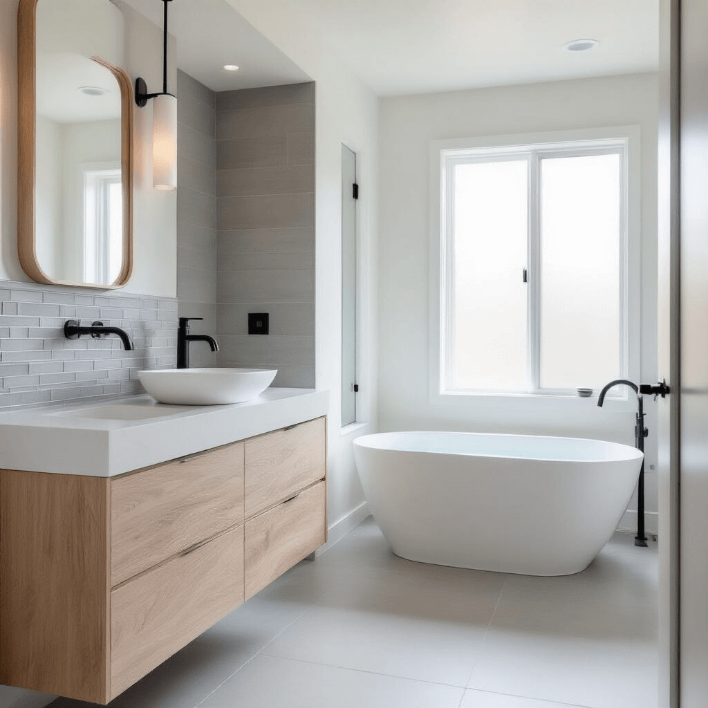 How Minimalist Color Palettes Transform Your Home Into a Serene Sanctuary A serene spa-like bathroom featuring cool tones, pure white walls, a floating white oak vanity with a vessel sink, and a freestanding tub near frosted glass windows, enhanced by soft morning light and matte black fixtures.