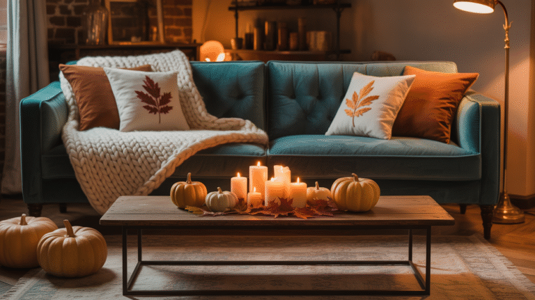 19 Must-Read Articles from October 2025 a warm and inviting living room with a plush sofa, soft blankets, and ambient lighting, decorated with autumn-themed accents like pumpkins and candles