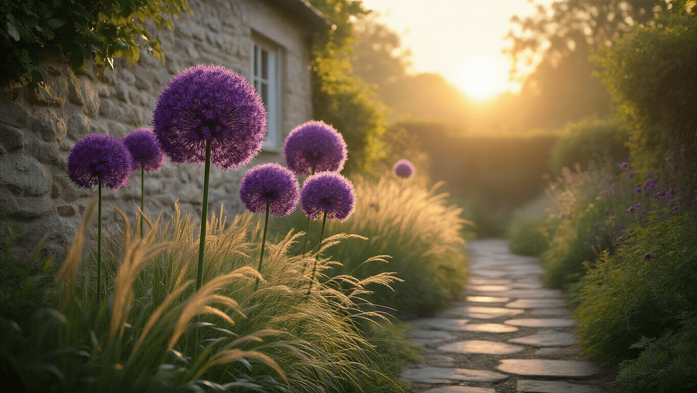 Photorealistic image of a sunlit English cottage garden at golden hour, showcasing majestic purple allium globes against a weathered limestone wall, with ornamental grasses in the foreground and ethereal backlighting creating luminous halos. A natural stone pathway meanders through the scene, enveloped in delicate evening mist. Focus on a central cluster of alliums with a soft, dreamy bokeh effect.