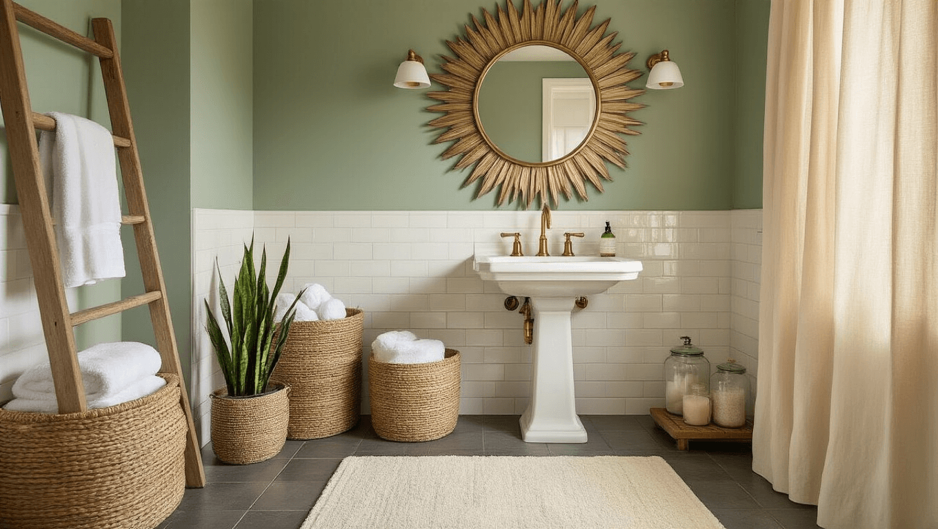 Cinematic interior photo of a transformed apartment bathroom sanctuary featuring cream subway tiles with dark grout, sage green wallpaper, brass accents, and warm golden hour lighting.