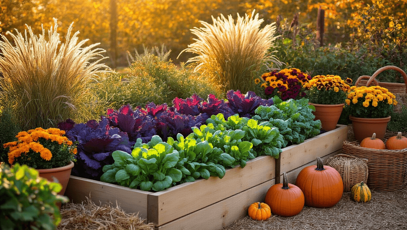 A warm autumn garden scene during golden hour, showcasing vibrant vegetables in raised beds, colorful chrysanthemums and pansies in planters, rustic hay bale seating, carved pumpkins, vintage garden tools, and soft dappled sunlight filtering through maple branches.
