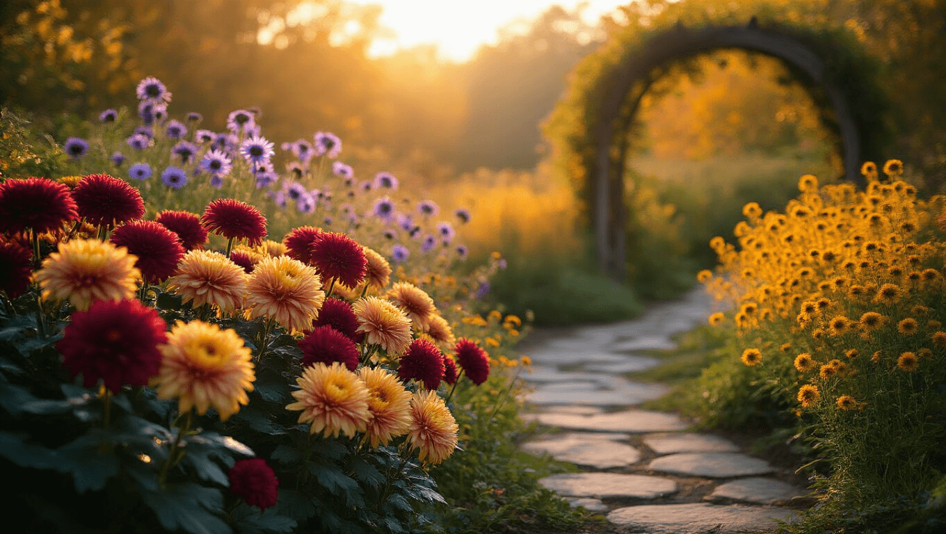 A cinematic golden-hour photograph of an autumn garden featuring burgundy and copper chrysanthemums, purple and blue asters, and goldenrod, with a stone pathway, rustic wooden arch, and blurred maple trees in the background, all bathed in warm light and soft bokeh.