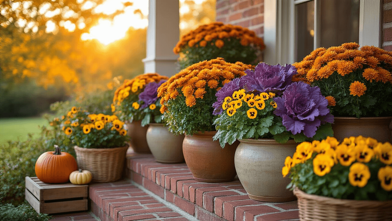 A cozy autumn front porch adorned with vibrant chrysanthemums, ornamental kale, and pansies in rustic ceramic planters, illuminated by warm amber sunlight, featuring decorative pumpkins and rich textures of burlap, wood, and wicker.