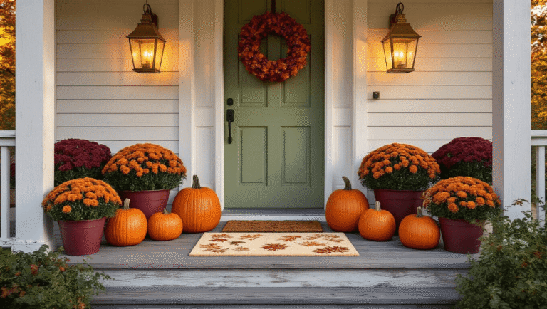 Cinematic wide-angle shot of an autumn front porch featuring a sage green door, a burgundy and orange wreath, graduated orange pumpkins, deep burgundy mums, vintage brass lanterns, and a cream seasonal doormat, all bathed in warm amber sunlight.
