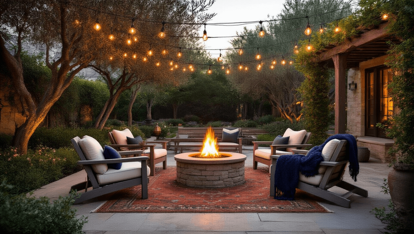 Cinematic wide-angle shot of a luxurious backyard retreat at dusk, featuring weathered teak furniture with cream cushions, an illuminated stone fire pit surrounded by Adirondack chairs, and lush landscaping with olive trees and jasmine, all enhanced by twinkling string lights and a vintage outdoor rug.