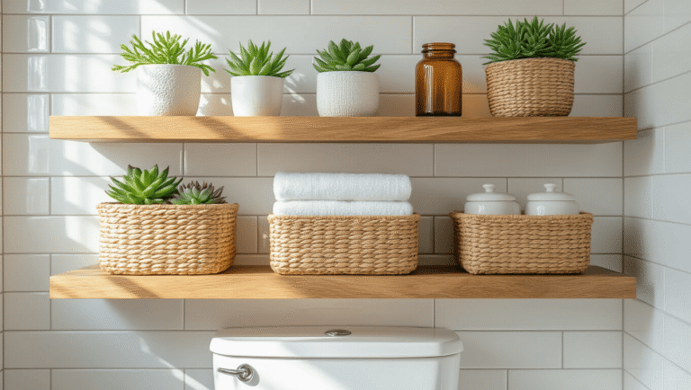 Cinematic wide-angle shot of a bathroom shelf decor arrangement above a white toilet, featuring floating wooden shelves with potted succulents, woven baskets of rolled towels, and ceramic jars, all illuminated by soft morning light.
