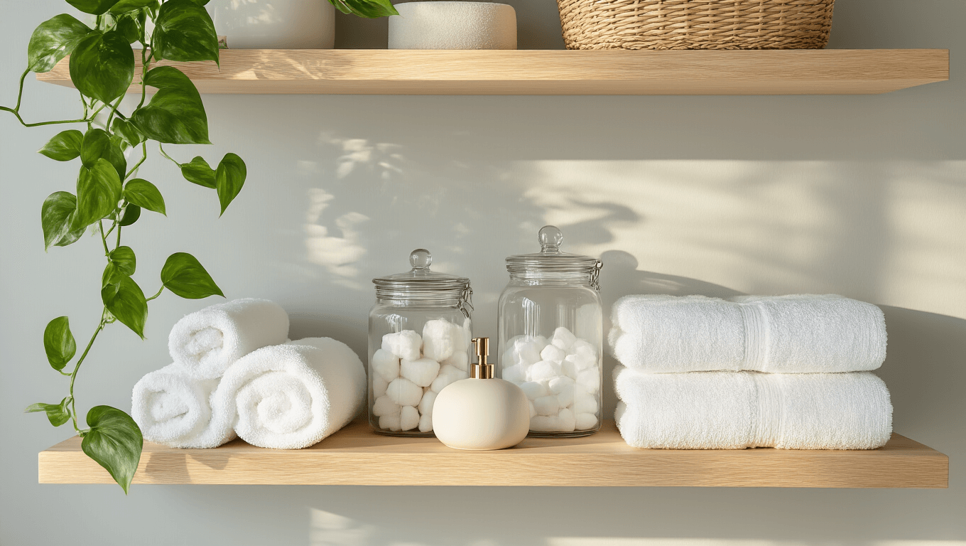 Cinematic close-up of elegantly styled bathroom floating shelves with white oak, featuring Turkish towels, glass apothecary jars, a trailing pothos plant, and warm natural lighting creating soft highlights.