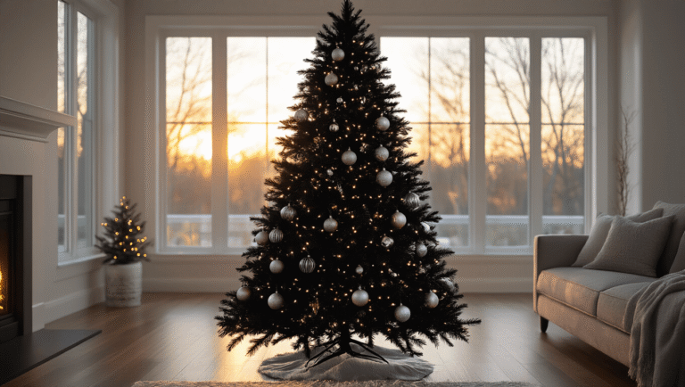 Cinematic wide-angle shot of a dramatic black Christmas tree adorned with silver ornaments and warm LED lights, set in a modern living room during golden hour, featuring hardwood floors, a charcoal sectional sofa, and a sleek glass coffee table.
