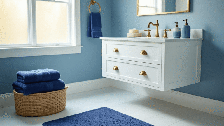 Cinematic wide-angle shot of a serene modern bathroom with a floating white vanity, brass hardware, navy towels on a marble countertop, and a soft powder blue accent wall, featuring warm lighting and a spa-like atmosphere.