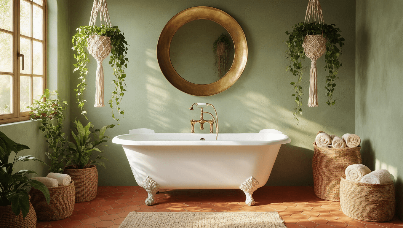 Cinematic wide-angle shot of a luxurious bohemian bathroom featuring a vintage clawfoot tub, macramé plant hangers, warm terracotta tiles, and ambient lighting, highlighting rich textures and earthy tones.