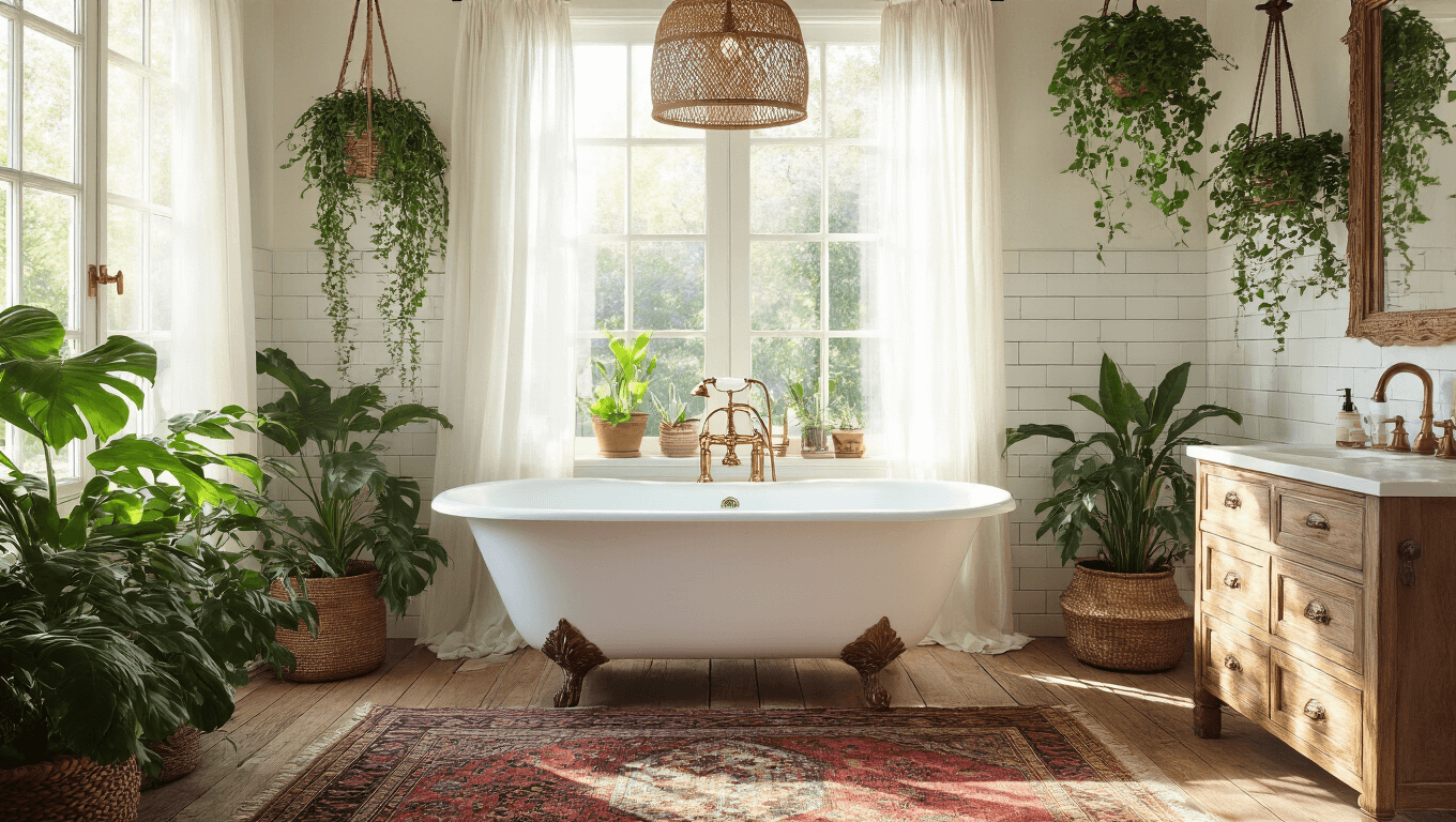 A sunlit bohemian bathroom featuring a vintage clawfoot tub, rich jewel-toned rugs, abundant houseplants, and textured decor in warm golden hour light.