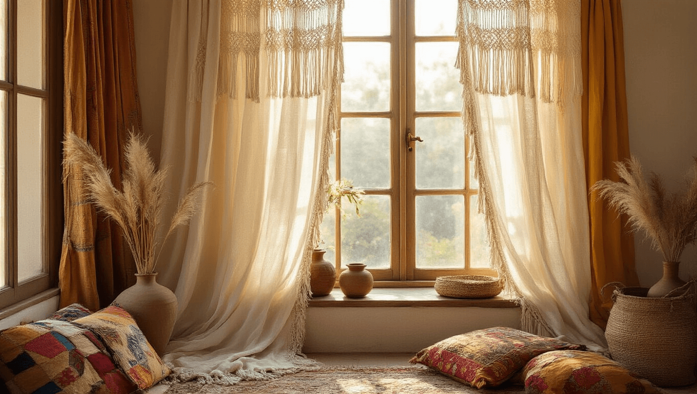 A wide-angle shot of luxurious bohemian curtains in a sunlit living room, featuring layered macramé and sheer fabrics, embroidered drapes, natural linen, and decorative patchwork on a wooden windowsill, alongside pampas grass and woven textures, creating a cozy, free-spirited atmosphere.