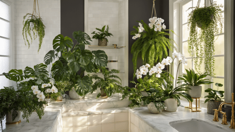 Cinematic spa-like bathroom sanctuary featuring Monstera deliciosa, white orchids, and Boston ferns on marble surfaces, illuminated by soft morning light and filled with rich textures and organic elements.