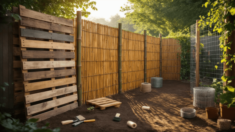 Cinematic wide-angle shot of a budget-friendly DIY garden fence made from reclaimed wood, bamboo, and chicken wire, set in a charming backyard at golden hour, with warm sunlight illuminating natural textures and a soft-focus vegetable garden in the background.
