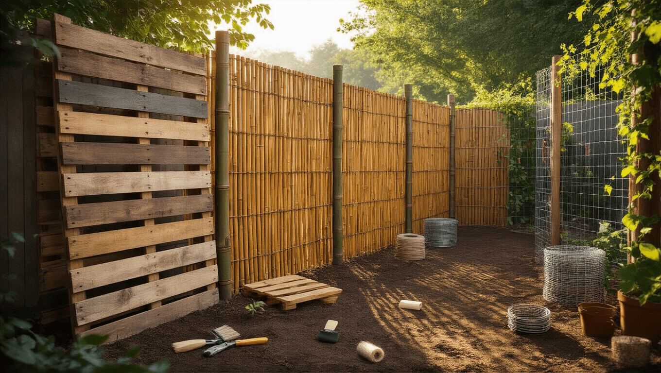 Cinematic wide-angle shot of a budget-friendly DIY garden fence made from reclaimed wood, bamboo, and chicken wire, set in a charming backyard at golden hour, with warm sunlight illuminating natural textures and a soft-focus vegetable garden in the background.
