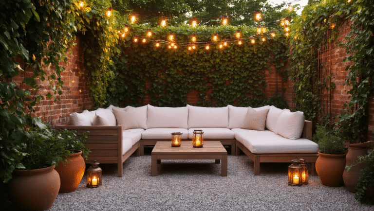 Cozy patio makeover featuring weathered teak sectional sofa with white cushions, Edison bulb string lights, terracotta planters with ivy, brass lanterns with flameless candles, geometric gravel flooring, and DIY copper pipe trellis with jasmine, creating an inviting golden hour ambiance.