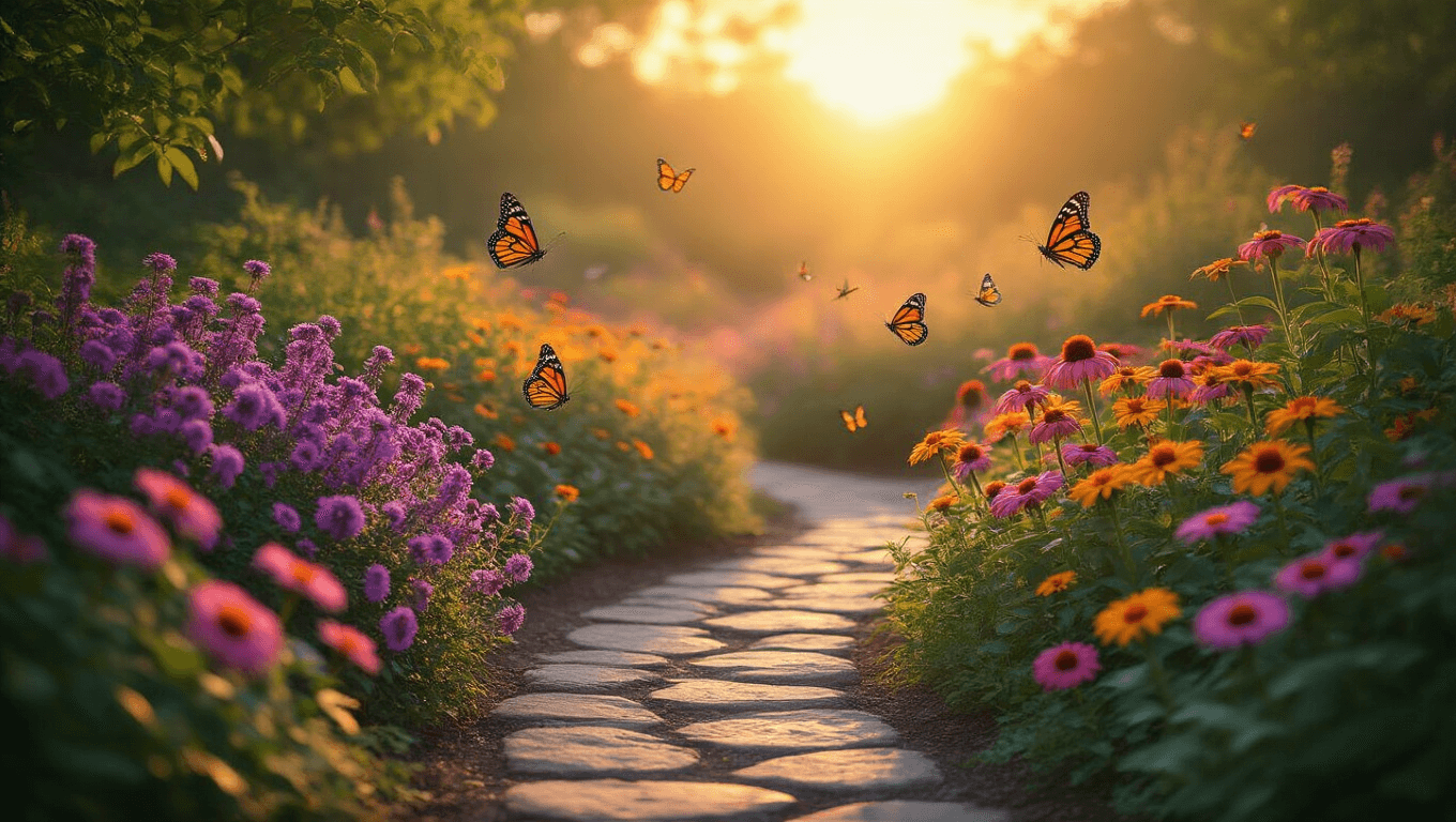Professional nature photograph of a butterfly garden at sunset with purple butterfly bushes, pink coneflowers, and zinnias, featuring monarch and swallowtail butterflies, soft bokeh, dew-kissed lantana, and a natural stone puddling station.