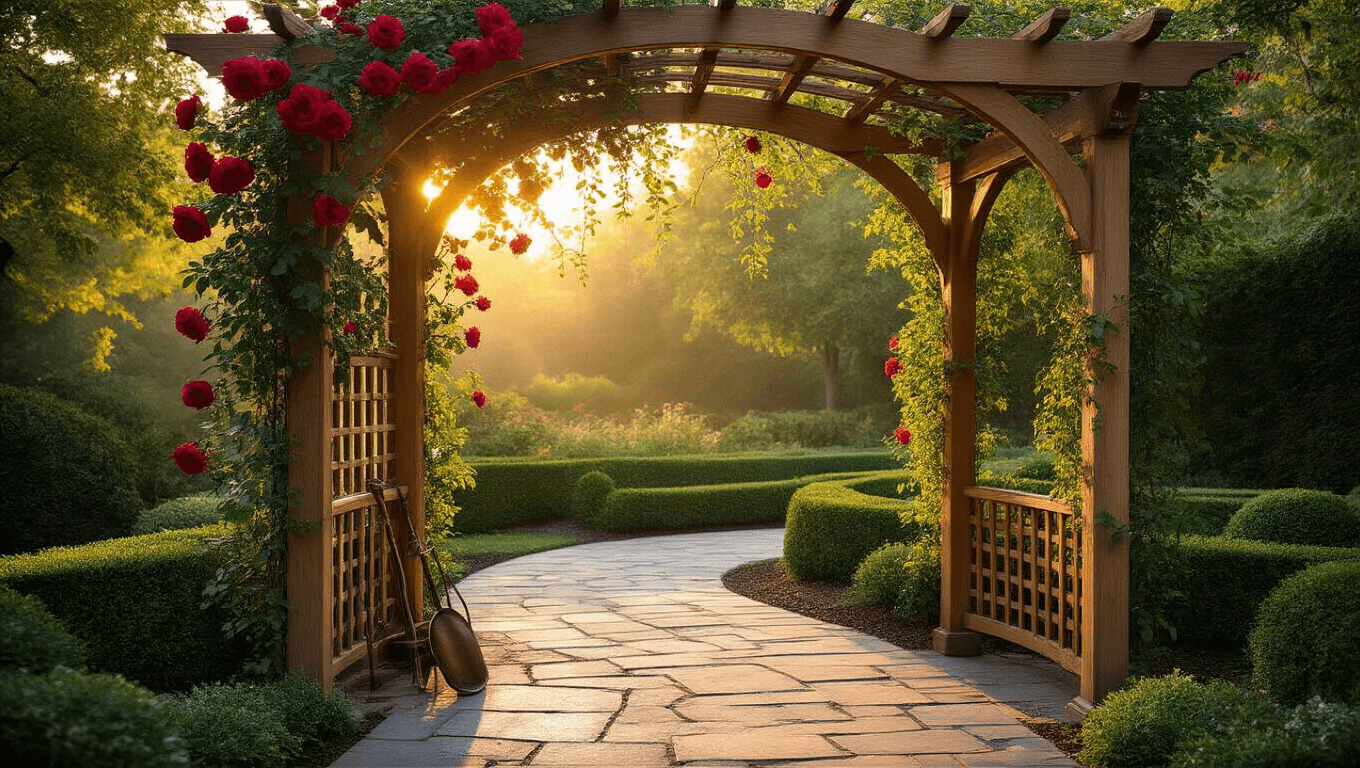 Cedar garden arbor at golden hour adorned with crimson climbing roses and jasmine vines, casting dappled shadows on a curved flagstone pathway, surrounded by lavender and ornamental grasses.