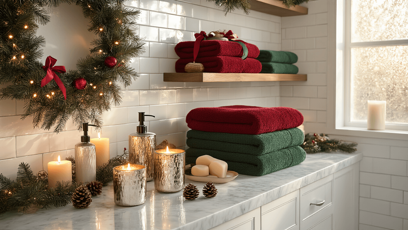 Luxurious Christmas-themed bathroom with marble countertop adorned with cinnamon-scented candles, elegant towels in deep red and forest green, evergreen wreath accented with velvet ribbon, and warm fairy lights creating a cozy and festive ambiance.