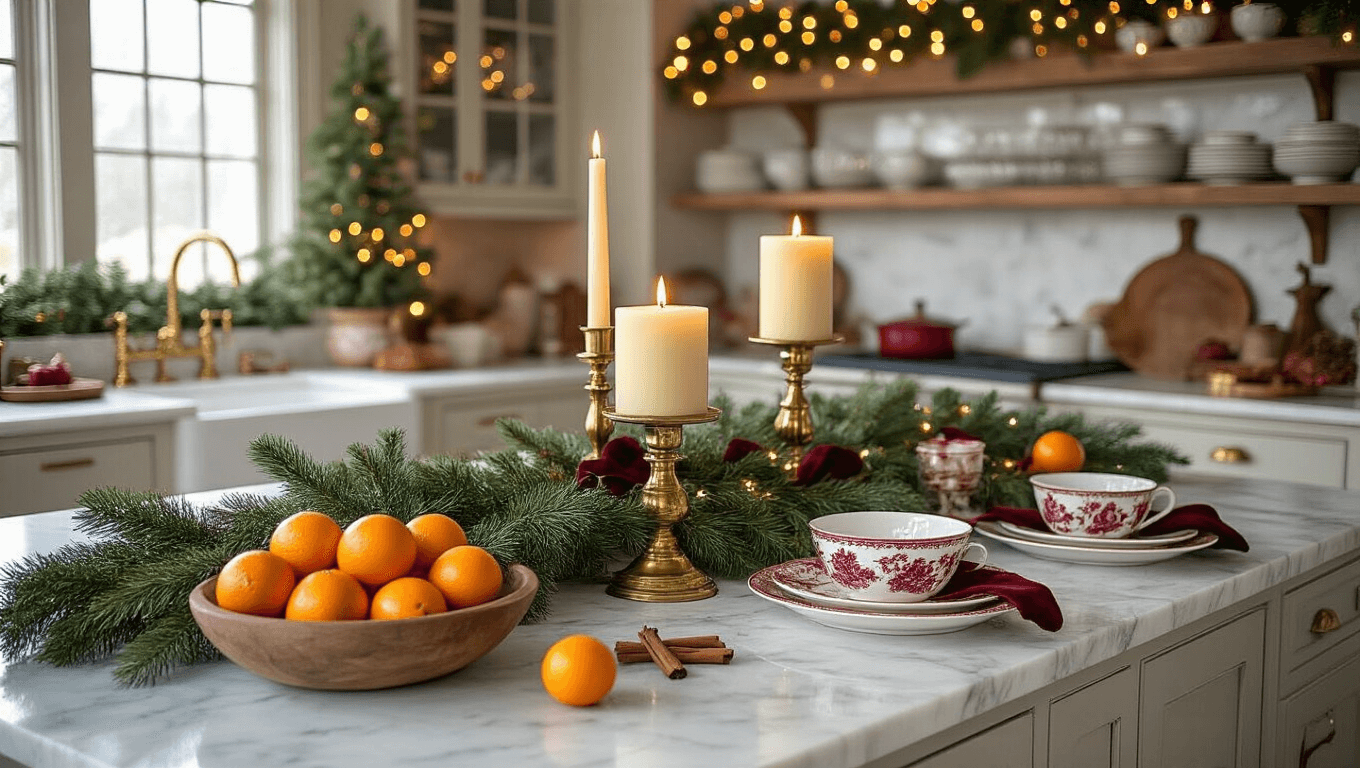 A beautifully styled Christmas kitchen featuring a marble island adorned with evergreen garland, brass candlesticks, clove-studded oranges, and vintage red dishware, illuminated by warm afternoon light and soft LED string lights.