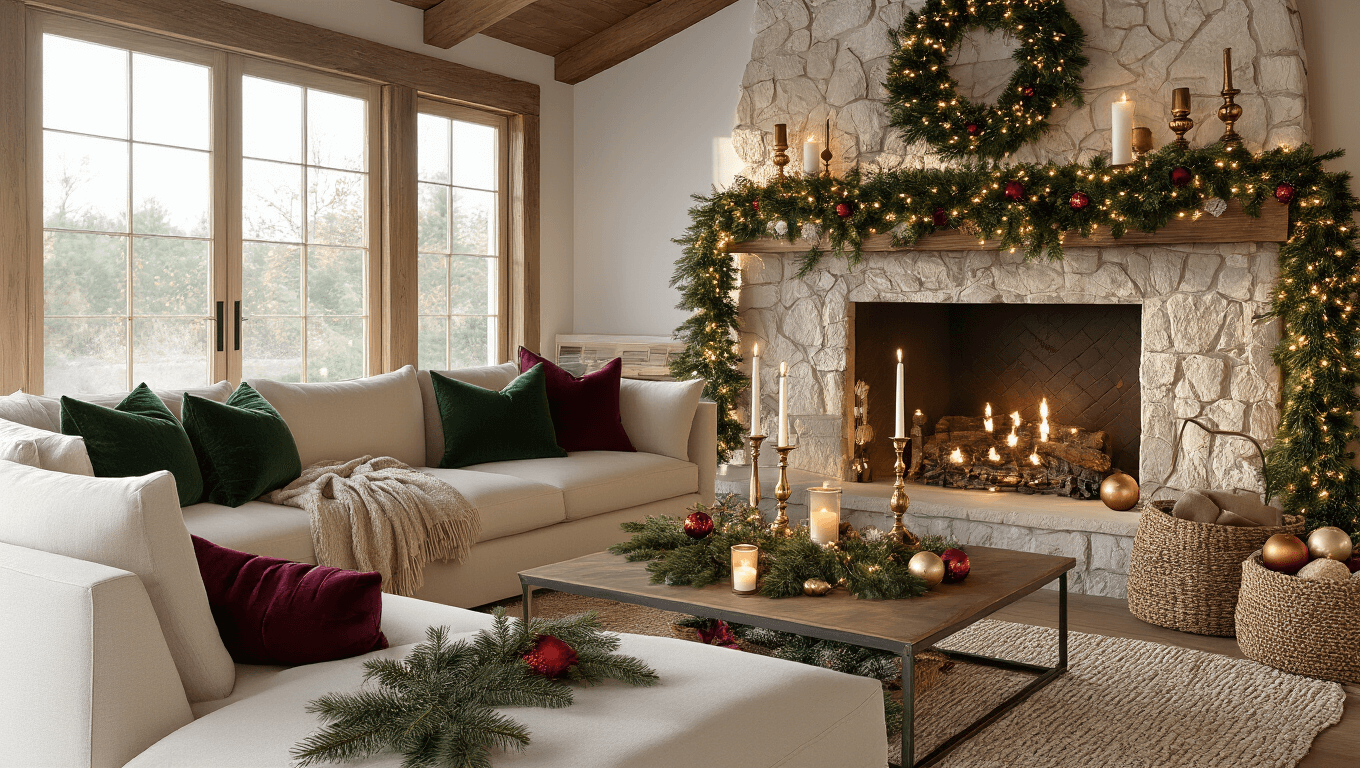 Photorealistic image of a cozy Christmas living room featuring a stone fireplace with garland and lights, elegant candlesticks, rich ornaments, a cream sectional sofa with festive pillows, and warm golden hour lighting.