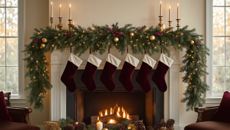 Elegant Christmas mantel decorated with evergreen garland, burgundy velvet stockings, brass candlesticks, and warm candlelight, bathed in golden hour sunlight, with a cozy fireplace and twinkling bokeh lights.