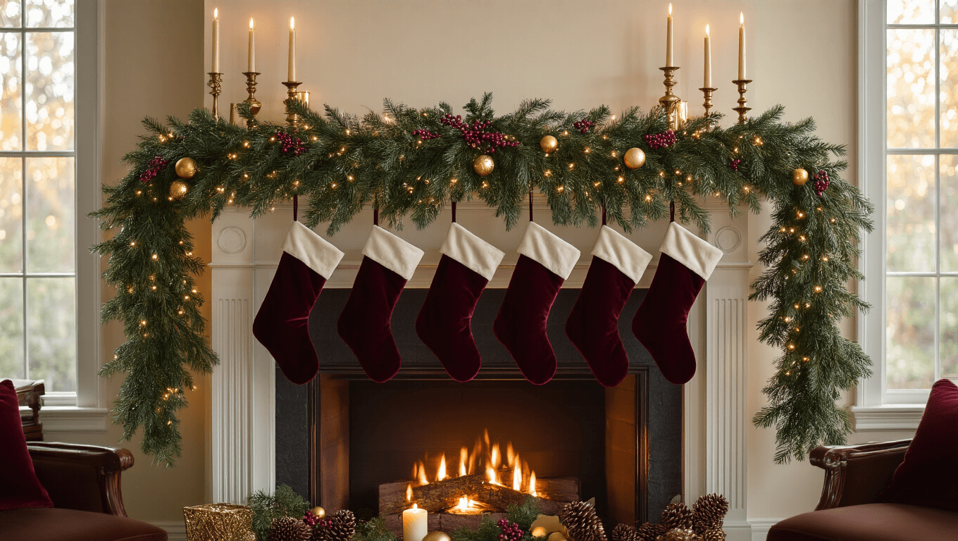 Elegant Christmas mantel decorated with evergreen garland, burgundy velvet stockings, brass candlesticks, and warm candlelight, bathed in golden hour sunlight, with a cozy fireplace and twinkling bokeh lights.