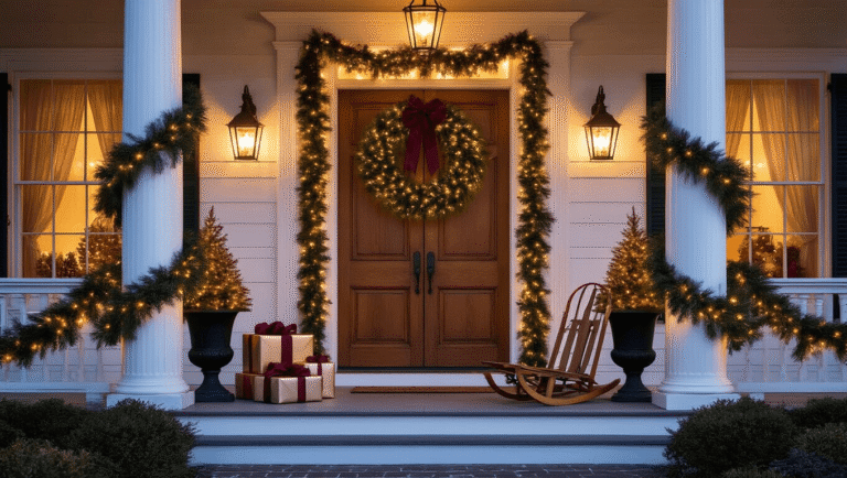 A beautifully decorated Christmas porch at twilight, featuring double wooden doors with a pine wreath, evergreen garlands, and glowing lanterns, creating a warm and inviting festive atmosphere.