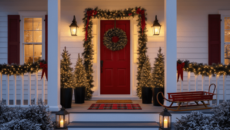 Cozy front porch decorated for Christmas at twilight, featuring a deep red door with a pine wreath, illuminated evergreen trees, and warm string lights, captured in elegant golden hour lighting.