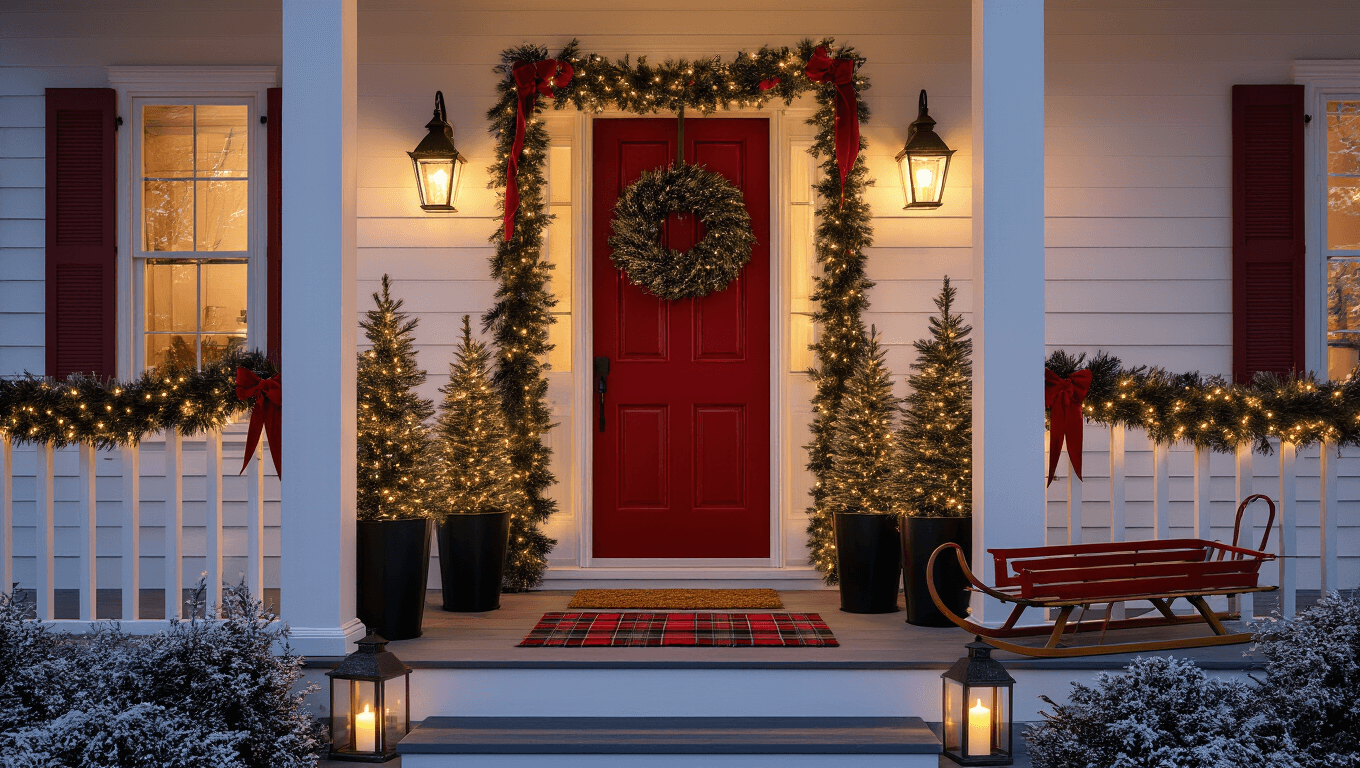 Cozy front porch decorated for Christmas at twilight, featuring a deep red door with a pine wreath, illuminated evergreen trees, and warm string lights, captured in elegant golden hour lighting.