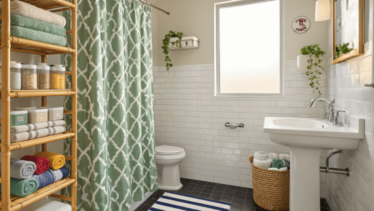 A stylish college dorm bathroom featuring white subway tiles, bamboo shelving with toiletries, a botanical shower curtain, navy striped bath mat, and warm lighting, showcasing vertical storage solutions and a cozy ambiance.