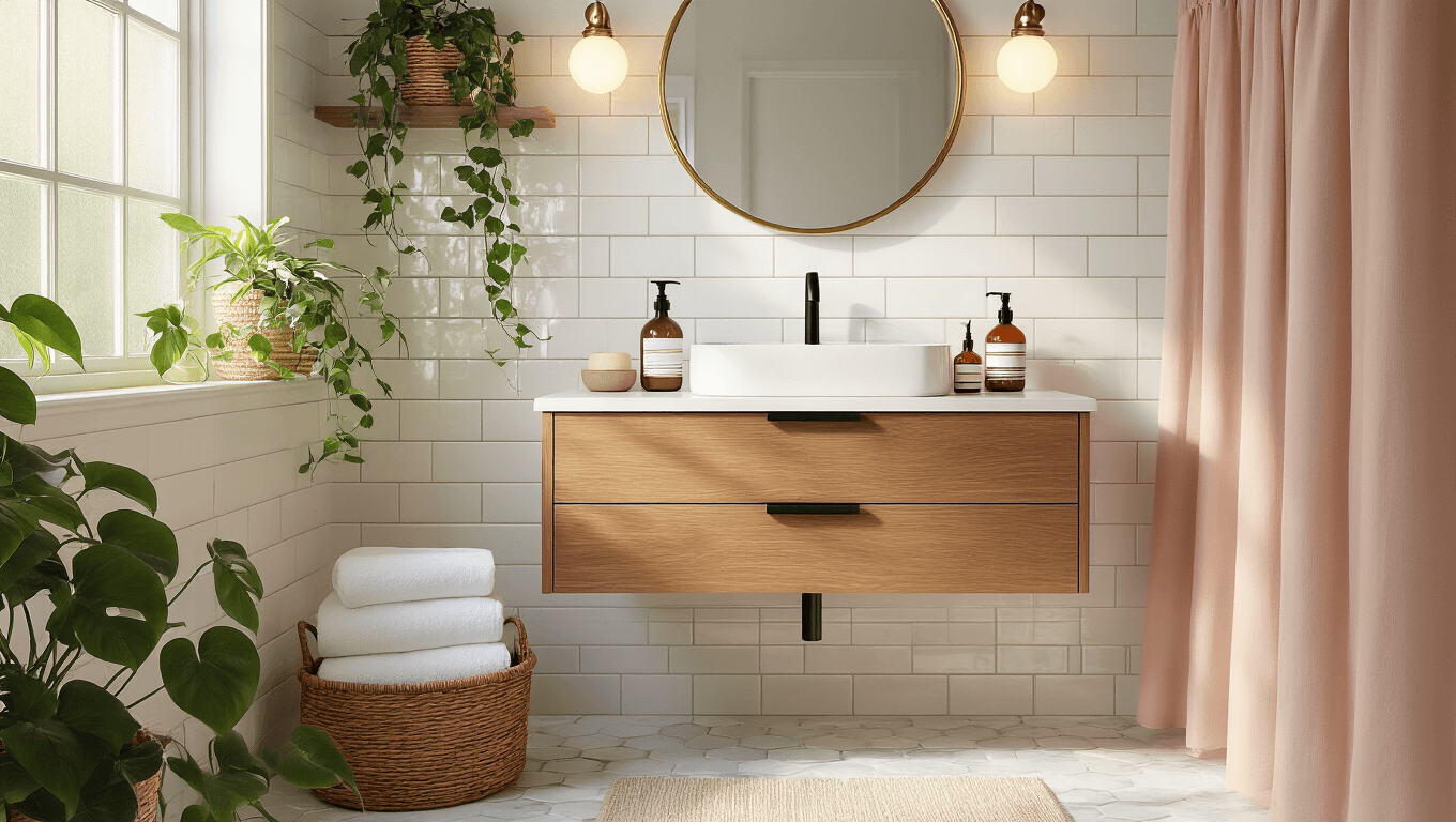Cinematic interior shot of a stylish compact apartment bathroom featuring a floating wooden vanity, brass fixtures, and white subway tiles with dark grout, enhanced by warm golden hour light and decorative elements like a brass-framed mirror, seagrass basket, and cascading pothos plants.