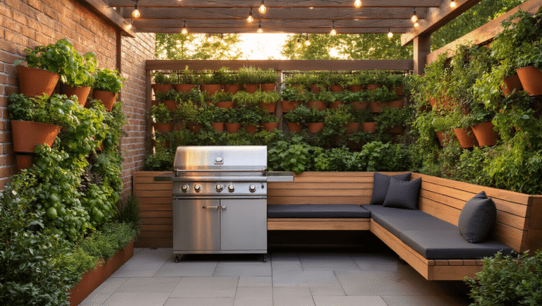 Cinematic golden hour patio scene featuring a compact stainless steel grill, modern teak bench with charcoal cushions, lush vertical herb garden, warm string lights, and inviting textures, creating a sophisticated outdoor sanctuary.