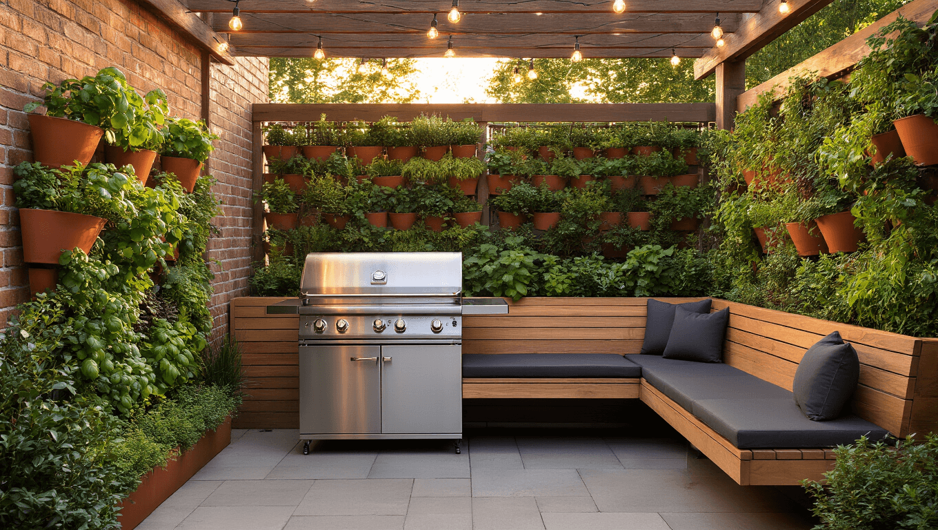 Cinematic golden hour patio scene featuring a compact stainless steel grill, modern teak bench with charcoal cushions, lush vertical herb garden, warm string lights, and inviting textures, creating a sophisticated outdoor sanctuary.