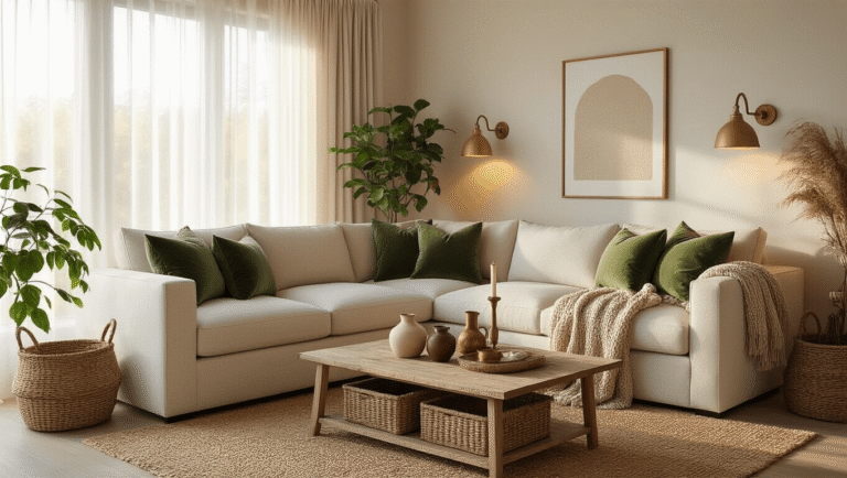 Cinematic wide-angle shot of a cozy apartment living room with a cream sectional sofa, chunky knit throws, velvet pillows, jute rug, reclaimed wood coffee table, ambient warm lighting, sheer linen curtains, and a statement gallery wall, all emphasizing rich textures and a warm, intimate atmosphere during golden hour.