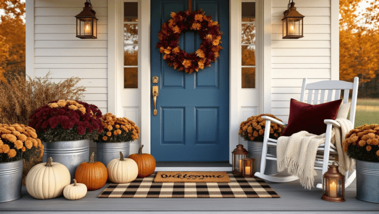Photorealistic image of a cozy farmhouse porch at golden hour, featuring a vintage blue door, a large autumn wreath, heirloom pumpkins, weathered metal buckets with flowers, a rocking chair with a throw blanket, and lanterns, all bathed in warm amber light.