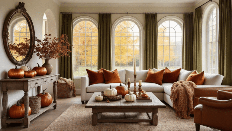 Fall Decor: Create a Cozy Autumn Haven in Your Home A warm and inviting fall-themed living room featuring a rustic wooden console table with copper-toned pumpkins, a cream sectional sofa with autumn-colored pillows, and a stone fireplace adorned with a garland of autumn leaves and warm lights, all captured in soft golden hour light.