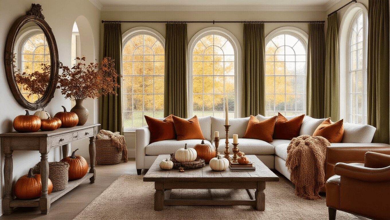 A warm and inviting fall-themed living room featuring a rustic wooden console table with copper-toned pumpkins, a cream sectional sofa with autumn-colored pillows, and a stone fireplace adorned with a garland of autumn leaves and warm lights, all captured in soft golden hour light.
