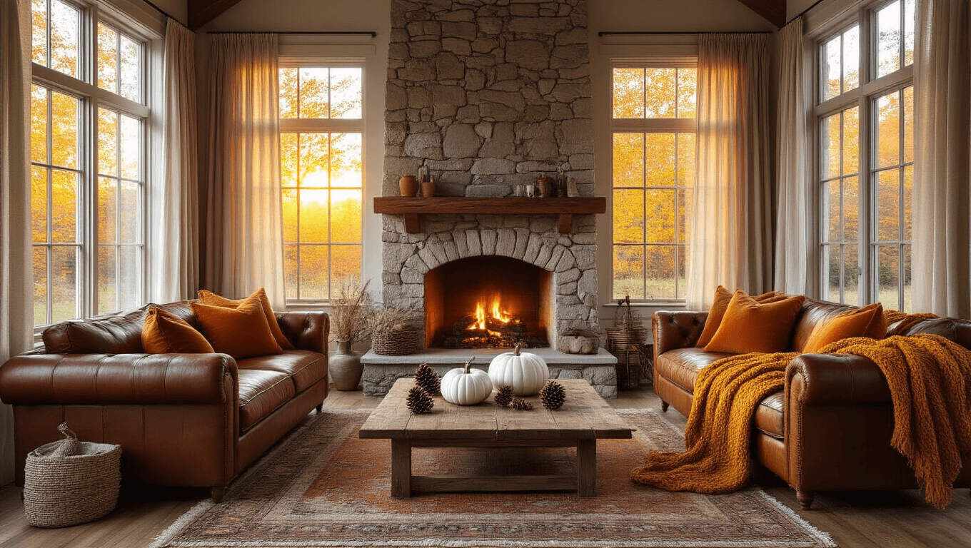 Photorealistic autumn living room with golden hour sunlight, large windows, rustic stone fireplace, brown leather sofa with colorful pillows, mustard knit blanket, wooden coffee table with pumpkin bowl, and copper accents, featuring warm tones and rich textures.