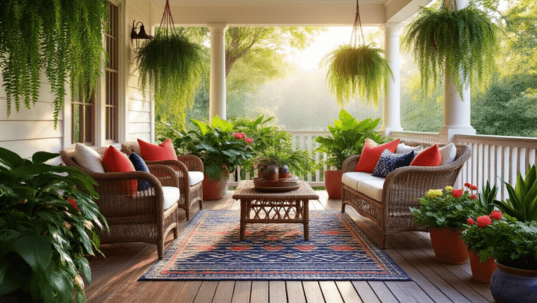 Cinematic wide-angle shot of a cozy back porch with wicker furniture, lush hanging ferns, and vibrant outdoor rug, bathed in golden hour sunlight, evoking a peaceful retreat.