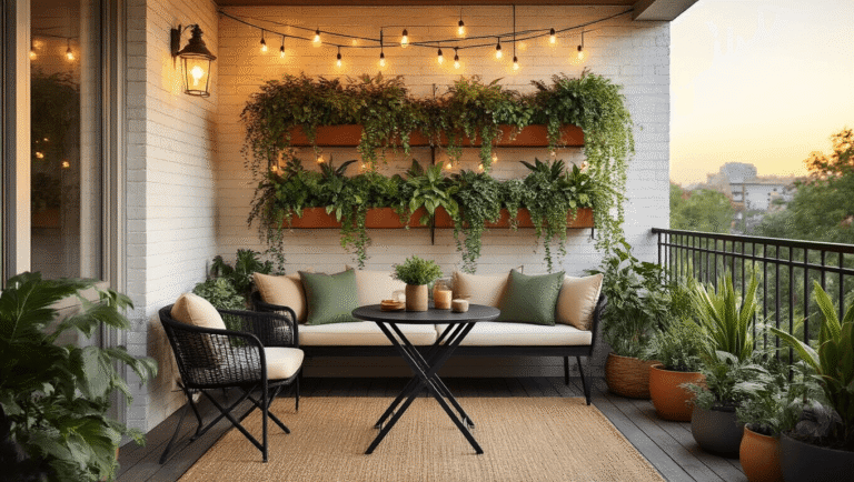 Cozy urban balcony at golden hour featuring a matte black bistro set, string lights, a vertical garden, and layered textiles on weathered decking.