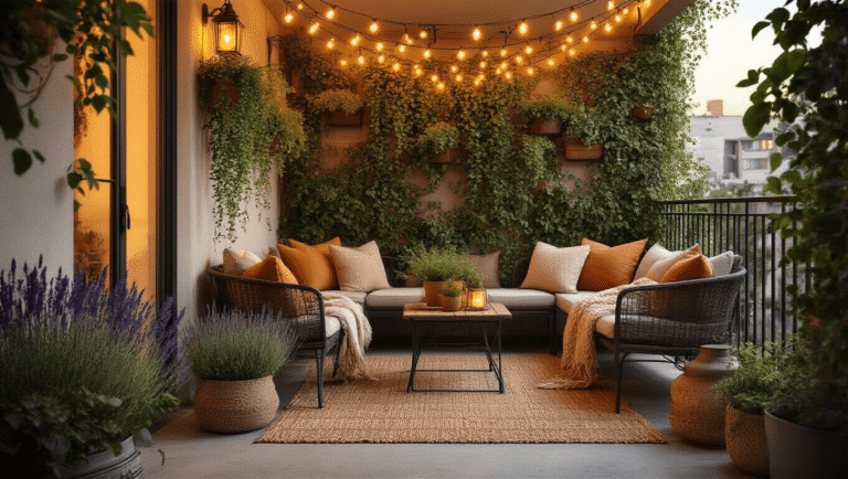 Cozy urban balcony transformation at golden hour with warm lighting, outdoor textiles, plants, bistro seating, and soft atmosphere.