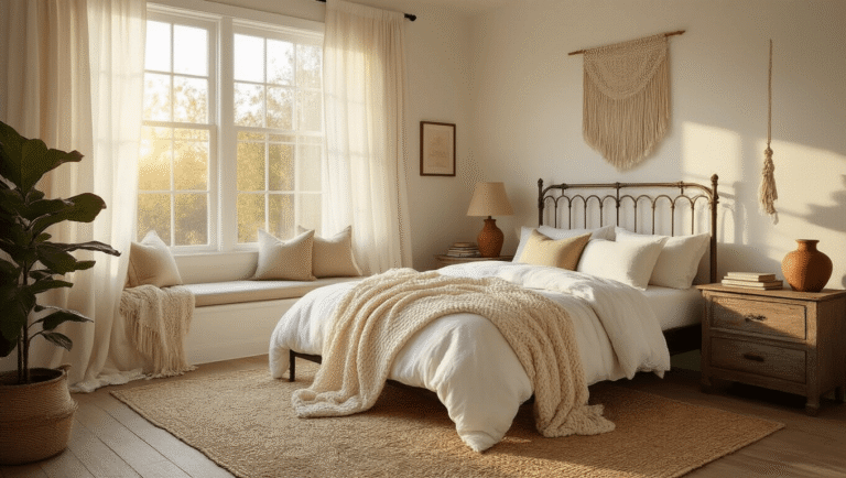 Photorealistic interior of a cozy bedroom bathed in golden hour sunlight, featuring a wrought iron bed with fluffy white bedding, a chunky knit throw, earth-toned linen pillows, a distressed oak nightstand with a vintage lamp, and a reading nook by a bay window adorned with macramé decor and a fiddle leaf fig plant.