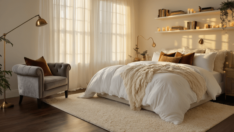 A luxurious master bedroom at golden hour, featuring a king-size bed with layered white and cream linens, textured pillows, and warm golden sunlight filtering through sheer curtains, illuminating dark hardwood floors and a plush ivory rug.