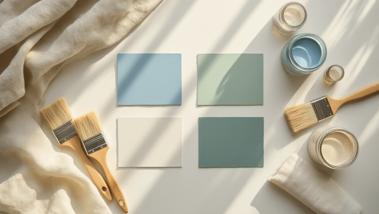 Cinematic overhead shot of a cozy bedroom transformation scene featuring paint swatches in soft colors, brushes, glass jars of samples, linen fabric, brass hardware, and eucalyptus sprigs, all illuminated by warm golden hour lighting.
