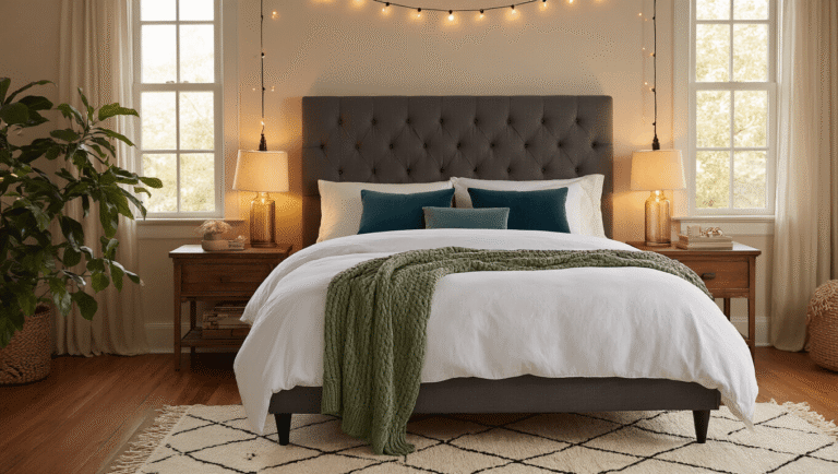 A luxurious cozy bedroom sanctuary featuring a king-size tufted charcoal linen bed dressed in white cotton sheets, layered with a sage green throw and dusty blue pillows, warm amber bedside lamps, twinkling string lights, cream geometric rug on hardwood floors, blush velvet reading chair, and warm accent decor, all bathed in golden hour light.