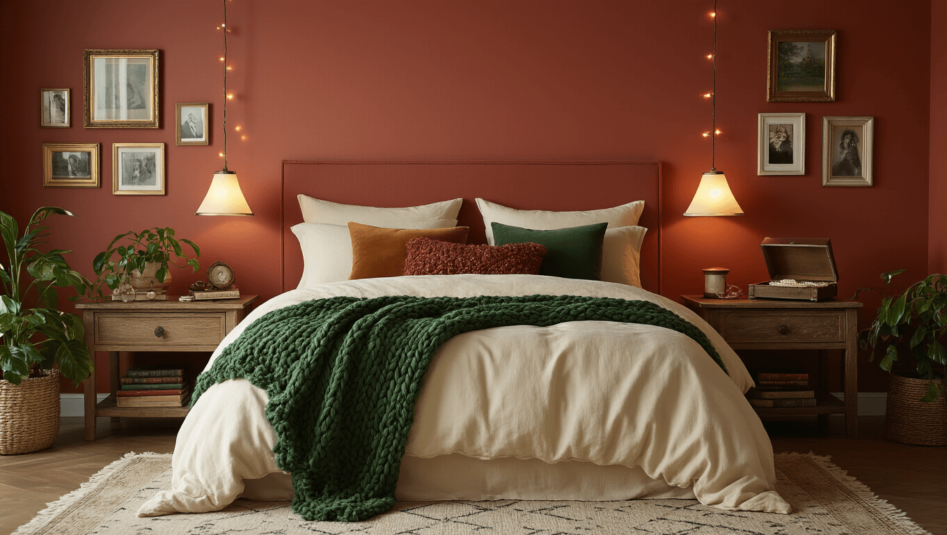A luxuriously cozy bedroom with a terracotta accent wall, cream linen bedding, forest green chunky knit throw, textured pillows, warm ambient lighting, trailing pothos plant, reclaimed wood nightstand, personal photo gallery wall, open jewelry box with pearls, leather-bound books, flickering candles, shot from a low angle to emphasize intimacy and warmth.
